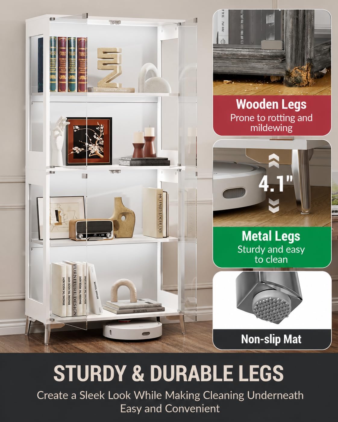 Display Cabinet with Glass Doors, 4-Tier Curio Cabinet, Adjustable Shelves, 60,000 Color Lights for Collectibles, Glass Display Case with App & Remote Control, Bookcase, Storage Cabinet, White