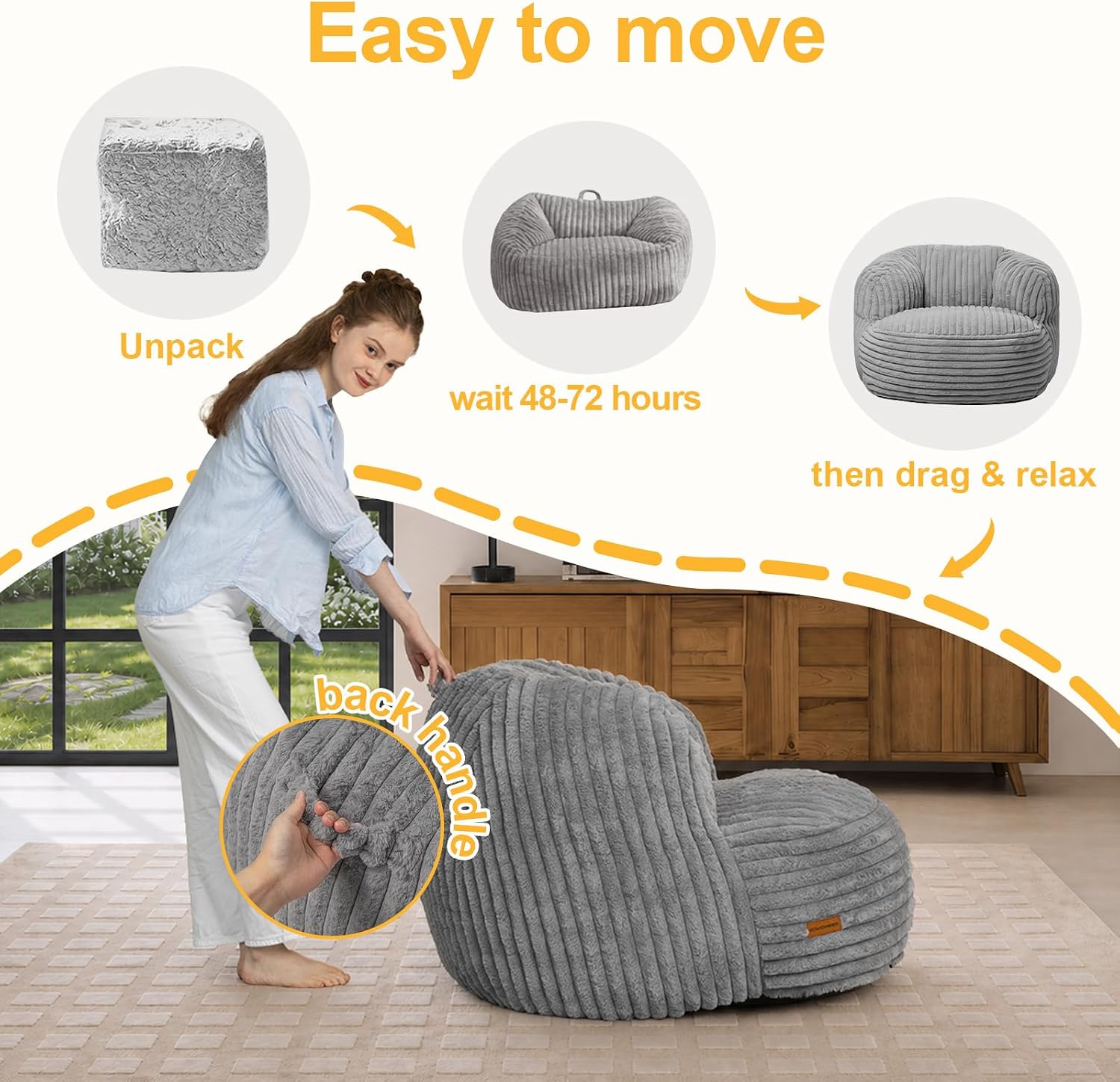Bean Bag Chair for Adults Teens, Comfy Reading Chair Sofa with Round Seat | DarkGray, Giant Bean Bag with Filler, Corduroy Beanbag Chairs Floor Sofa, For Living Room, Bedroom, Gaming