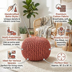 Poona Handcrafted Modern Cotton Pouf, Coral, Soft Upholstered Ottoman with Tassels, Boho Floor Seating for Living Room Bedroom and Nursery