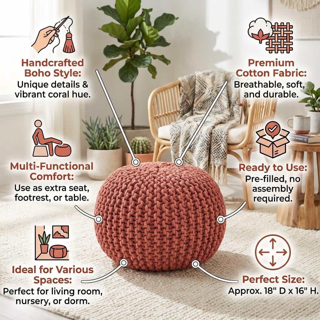 Poona Handcrafted Modern Cotton Pouf, Coral, Soft Upholstered Ottoman with Tassels, Boho Floor Seating for Living Room Bedroom and Nursery