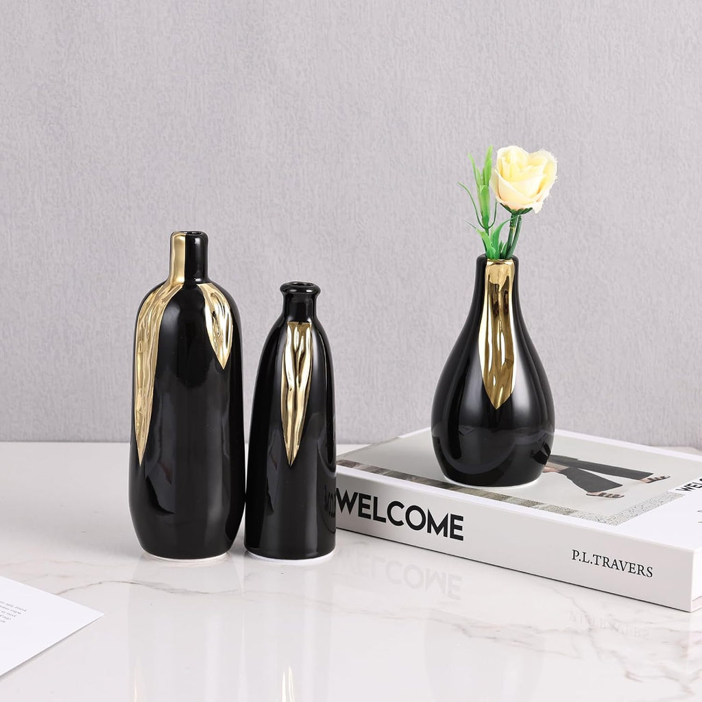 LCCCK Black and Gold Mini Ceramic Vase Set of 3, Small Ceramic Vase Set for Decorative, Bud Vases for Centerpieces Nightstand Kitchen, Boho Farmhouse Home Coffee Table Tray Decor