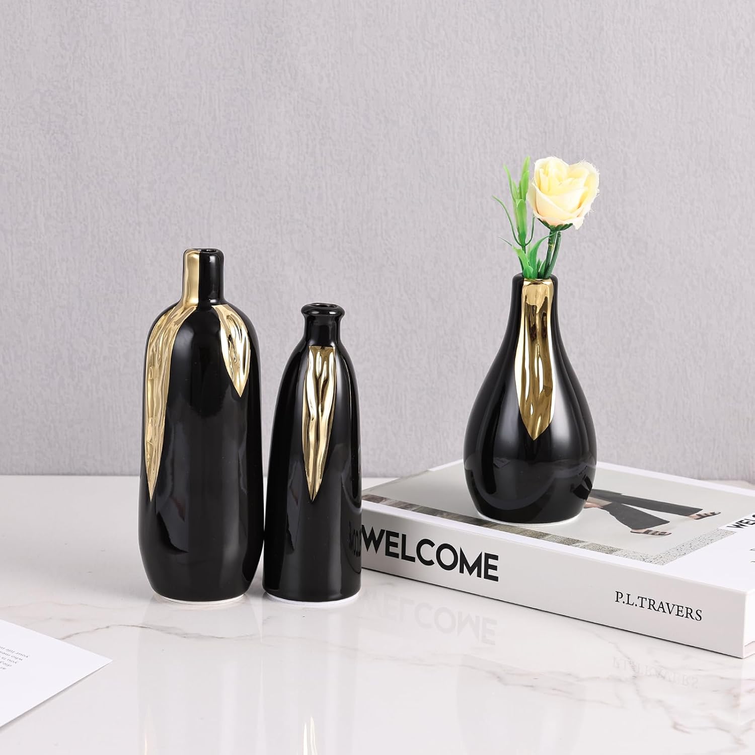 LCCCK Black and Gold Mini Ceramic Vase Set of 3, Small Ceramic Vase Set for Decorative, Bud Vases for Centerpieces Nightstand Kitchen, Boho Farmhouse Home Coffee Table Tray Decor