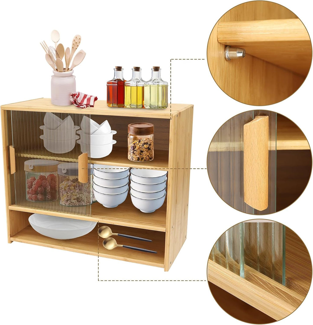 3 Tier Small Bamboo Pantry, Freestanding Dining Cupboard Kitchen Sideboard Countertop Storage Cabinet with 2 Sliding Striped Glass Doors for Spice Seasoning Bottles, Dish, Bowl (Log-Colored)