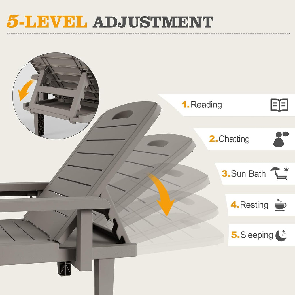 UDPATIO Resin Outdoor Lounge Chair with Armrest Set of 2, 5-Position Adjustable Patio Chaise Chairs, Waterproof Heavy Duty Pool Reclining for Beach, Lawn, Garden, and Deck，Resin A Grey