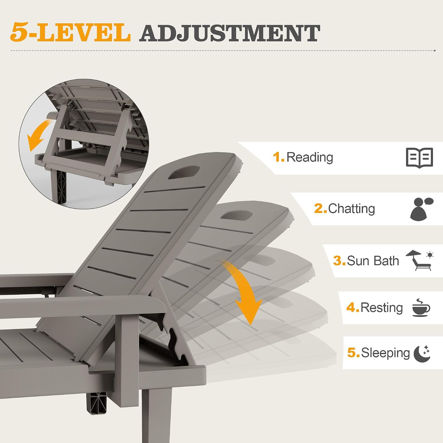 UDPATIO Resin Outdoor Lounge Chair with Armrest Set of 2, 5-Position Adjustable Patio Chaise Chairs, Waterproof Heavy Duty Pool Reclining for Beach, Lawn, Garden, and Deck，Resin A Grey