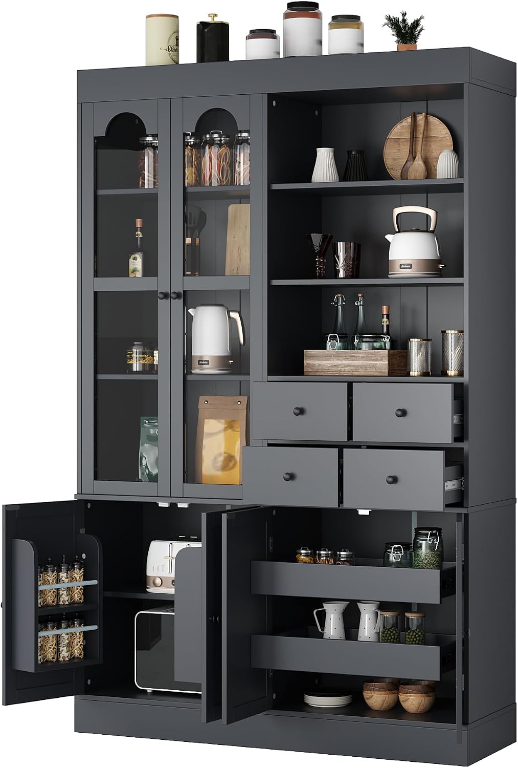 Tall Farmhouse Kitchen Pantry Storage Cabinet，47.2x15.7x75inch Freestanding Buffet with Hutch,Kitchen Pantry Cabinet with 4 Drawers,Door Shelves and Pull-out Trays for Dining room,Living Room,Gray