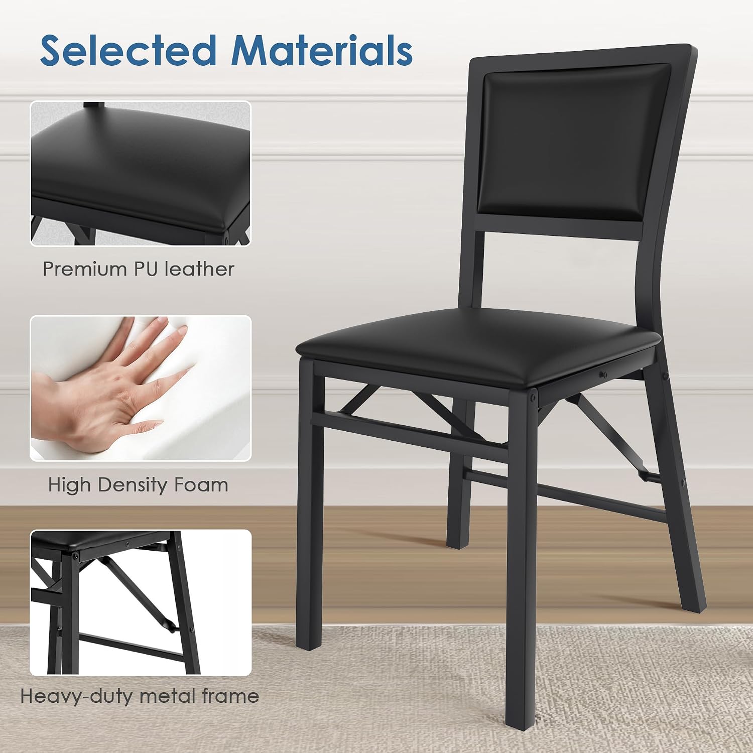 VECELO Folding Dining Chairs Set of 2, Metal Padded Foldable Seating with Comfortable Faux Leather, Space-Saving Portable Guest Seats for Kitchen & Office, No Assembly, Black