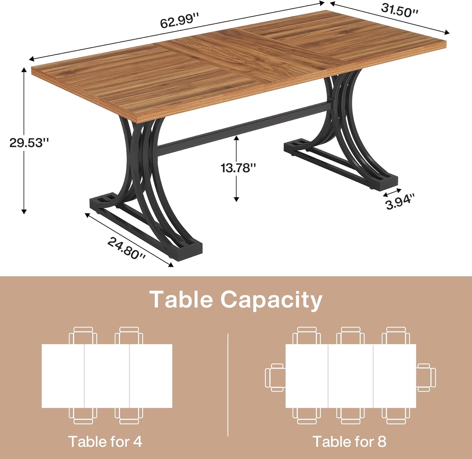 Tribesigns 63-Inch Rectangular Dining Table for 4 to 6, Modern Kitchen Table with Stylish Metal Trestle Legs, Large Dinner Table for Dining Room, Chair Not Included (Rustic Brown and Black)