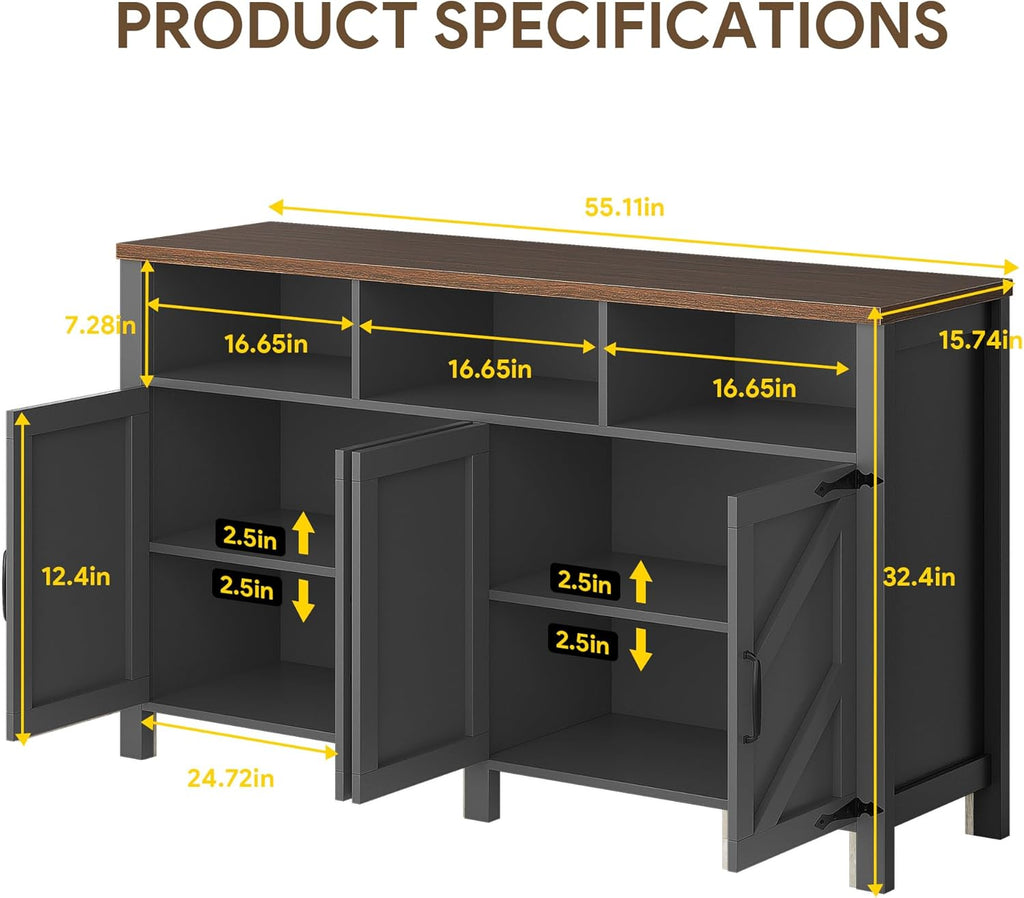 knoworld 55'' Farmhouse Buffet Sideboard with Storage, 4 Doors & Shelves, Large Wood Kitchen Storage Cabinet, Coffee Bar Buffet Table for Kitchen, Dining Room, Entryway