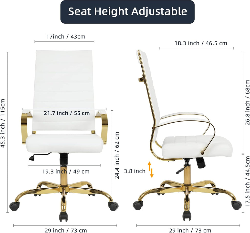 LANDSUN Home Office Chair High Back Executive Chair Ribbed PU Leather Computer Desk Chair with Armrests Soft Padded Adjustable Height Swivel Conference Gold Frame White