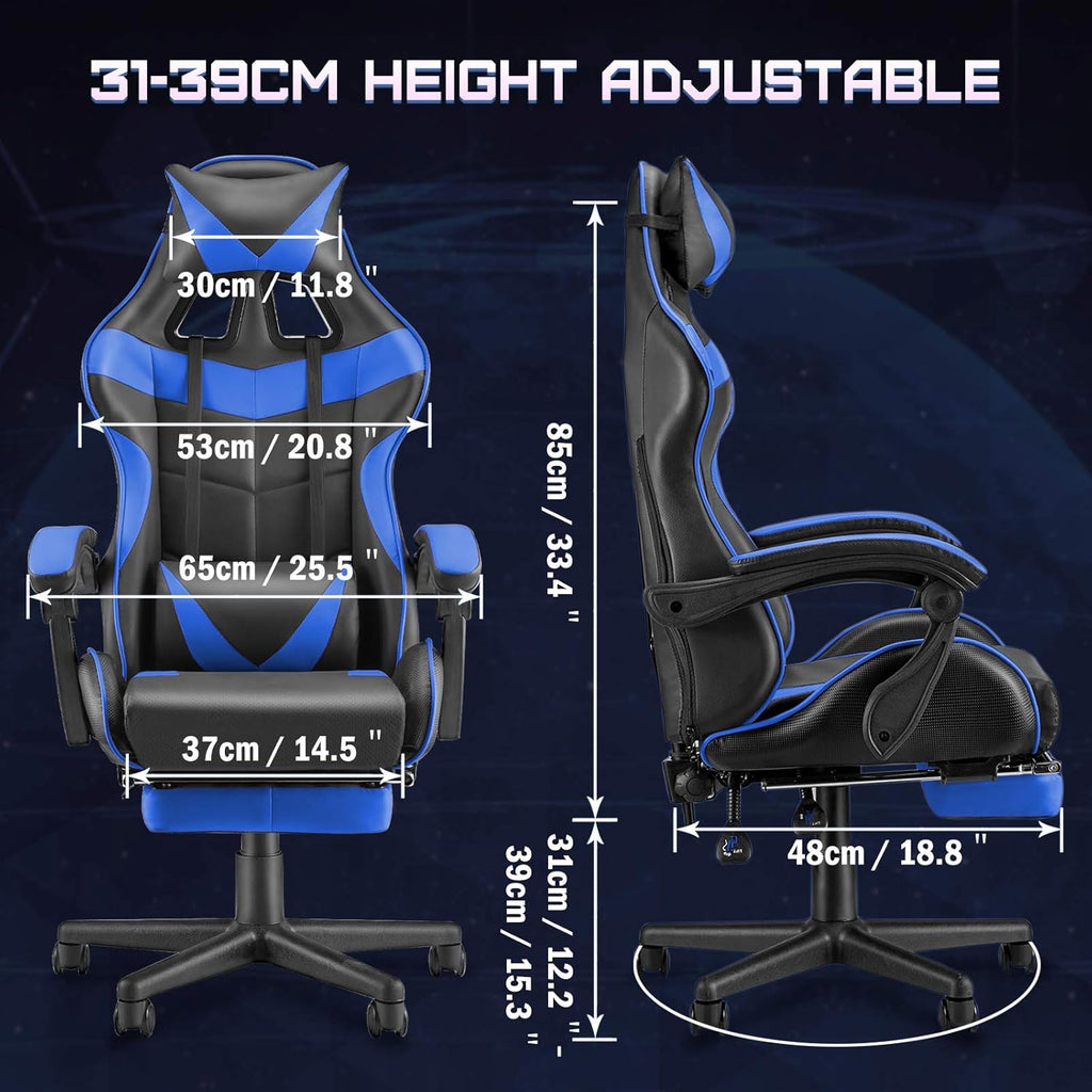 Huracan Gaming Chair with Footrest, Ergonomic Computer Chair Lumbar Support, Adjustable High Back Recliner for Adults, Racing Style Video Gaming Chairs, for Home Office Streaming, Blue