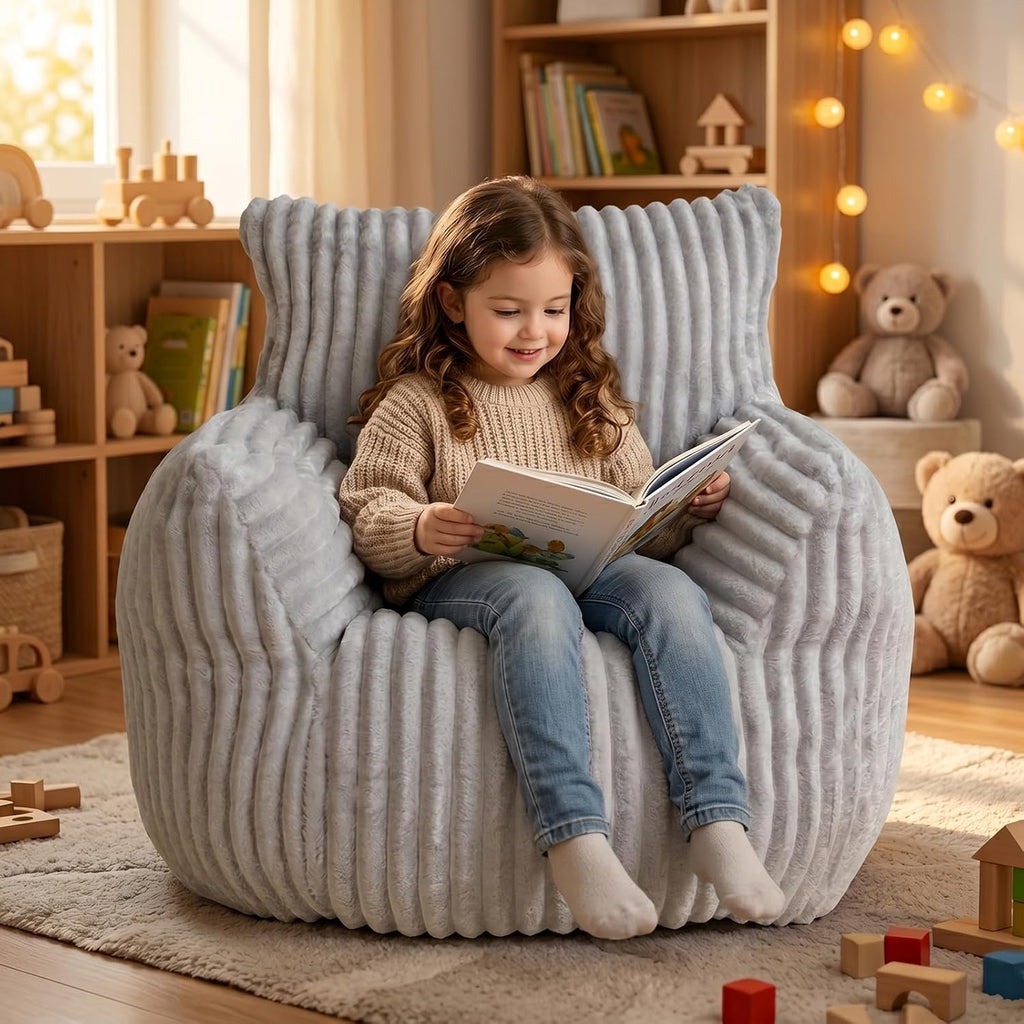 Bean Bag Chair - Plush Faux Fur Floor Seating Furniture Bean Bag Chair for Living Room, Bedroom, Playroom (2.5FT Stripe Grey)