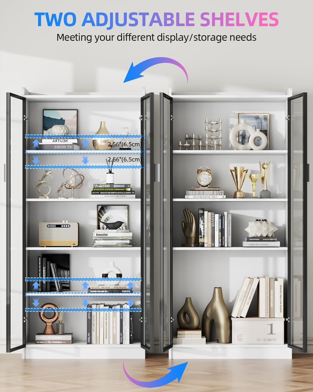 Dystler 65" Display Cabinet with Glass Doors, 5-Tier Curio Cabinet with Motion Sensor RGB Lights, Modern Display Case with Adjustable Shelves for Collectibles, Figures, Books, White