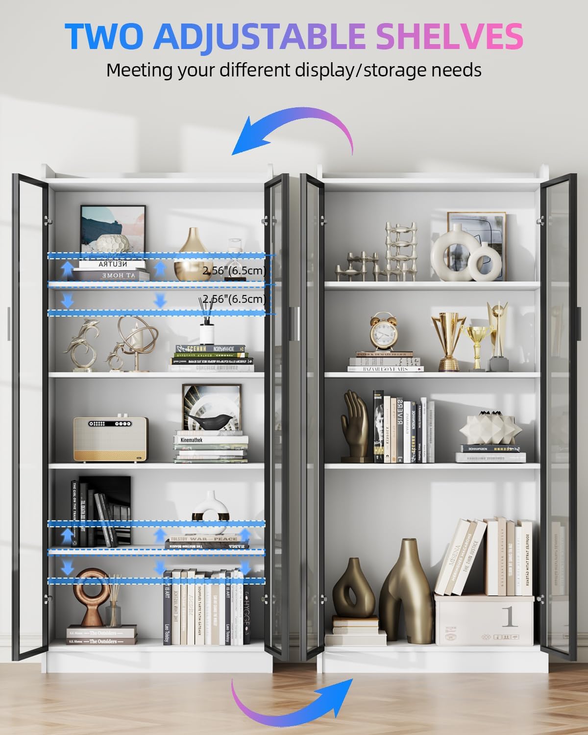 Dystler 65" Display Cabinet with Glass Doors, 5-Tier Curio Cabinet with Motion Sensor RGB Lights, Modern Display Case with Adjustable Shelves for Collectibles, Figures, Books, White
