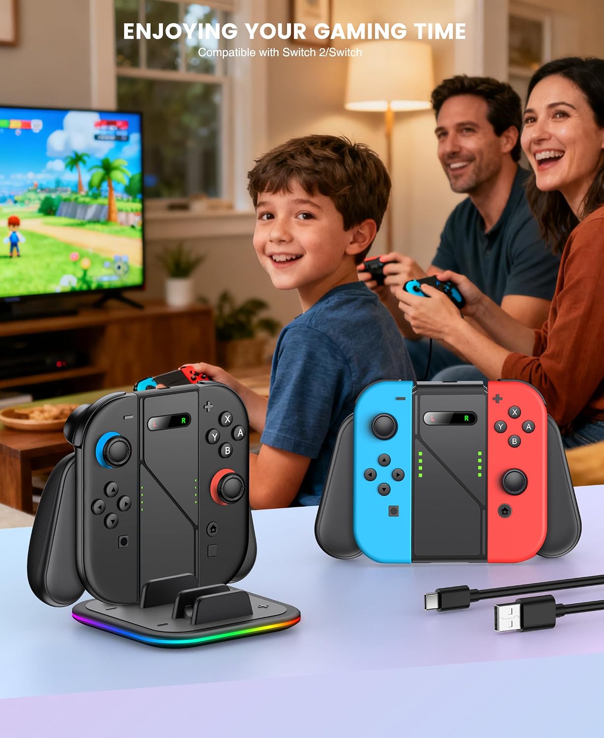 Charging Grip Stand for Switch 2 / Switch [Play While Charging] Charger Station Compatible with Nintendo 2 w Dynamic Light
