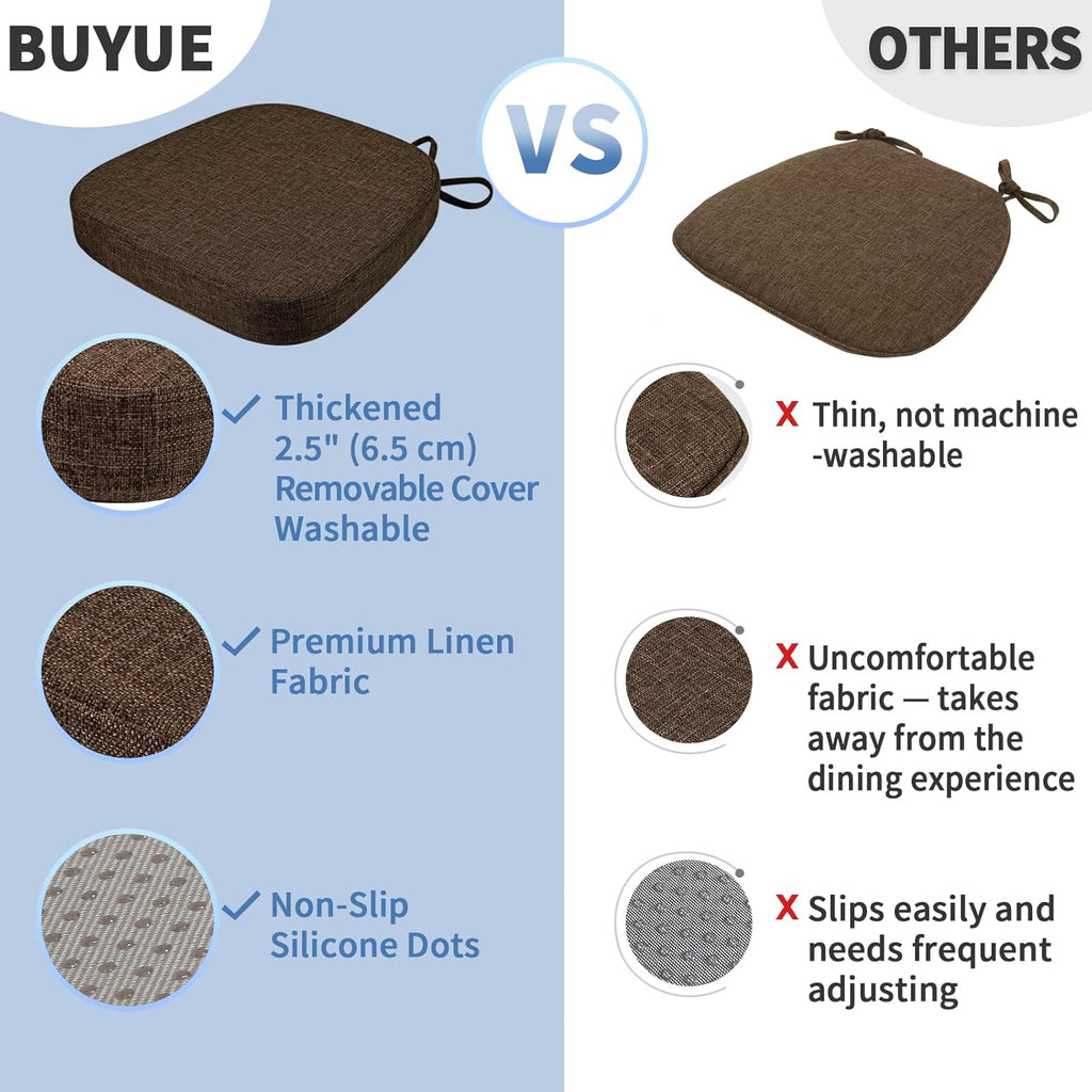 BUYUE Thickened 2.5" Friendly Woven Fabric Dining Chair Cushion, U-Shape High Density Foam Comfortable Chair Pad for Kitchen, Slip Resistant Indoor Seat Cushion (1 Piece, Chocolate)