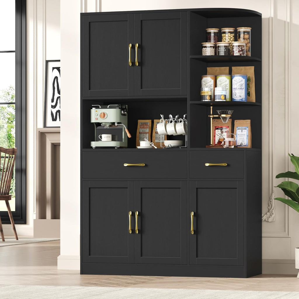 BOTLOG 67" Kitchen Pantry Cabinet, Modern Kitchen Hutch with 5 Doors and 2 Drawers, 3-Tier External Shelf, Large Pantry Storage Cabinet with Microwave Stand for Dining Room, Black