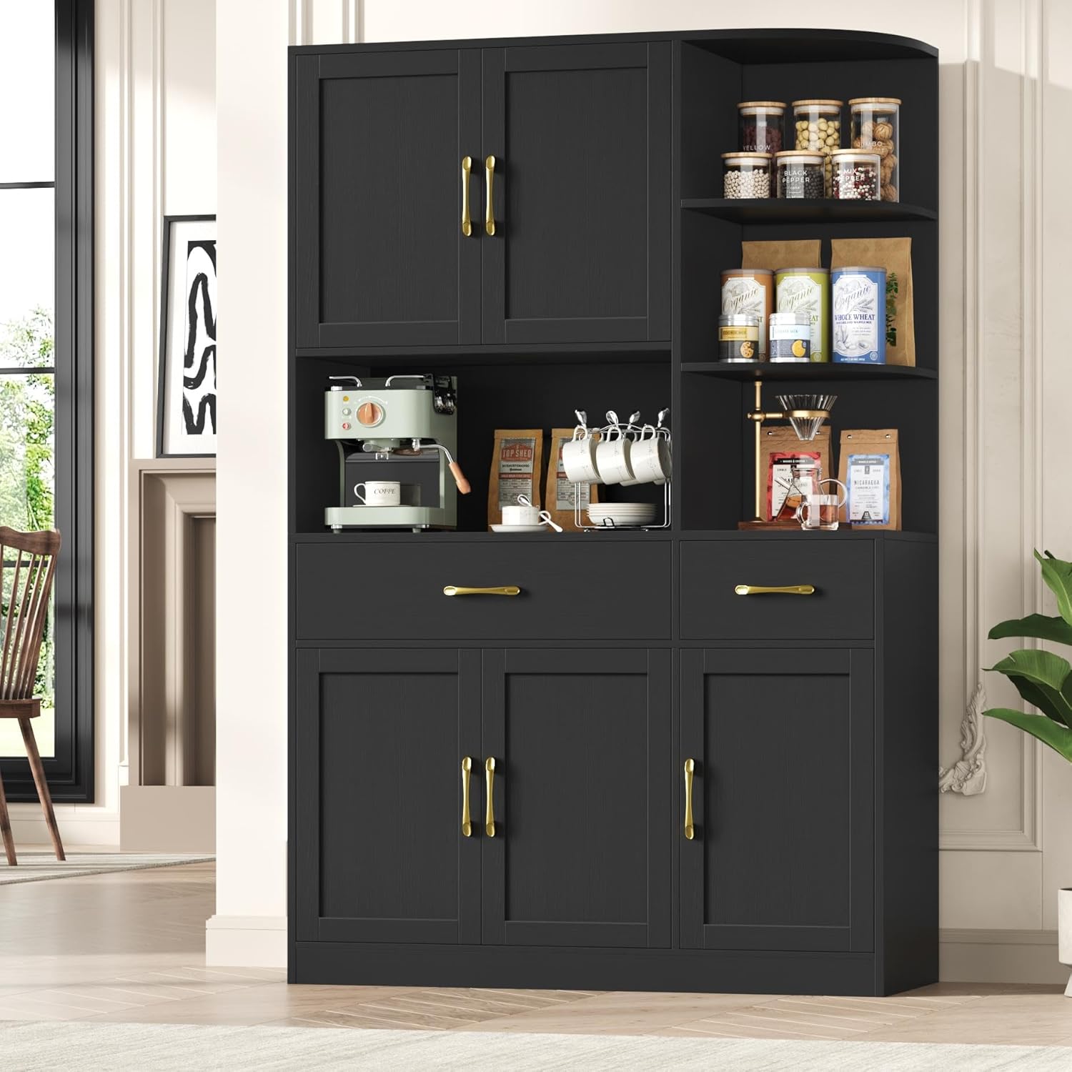 BOTLOG 67" Kitchen Pantry Cabinet, Modern Kitchen Hutch with 5 Doors and 2 Drawers, 3-Tier External Shelf, Large Pantry Storage Cabinet with Microwave Stand for Dining Room, Black