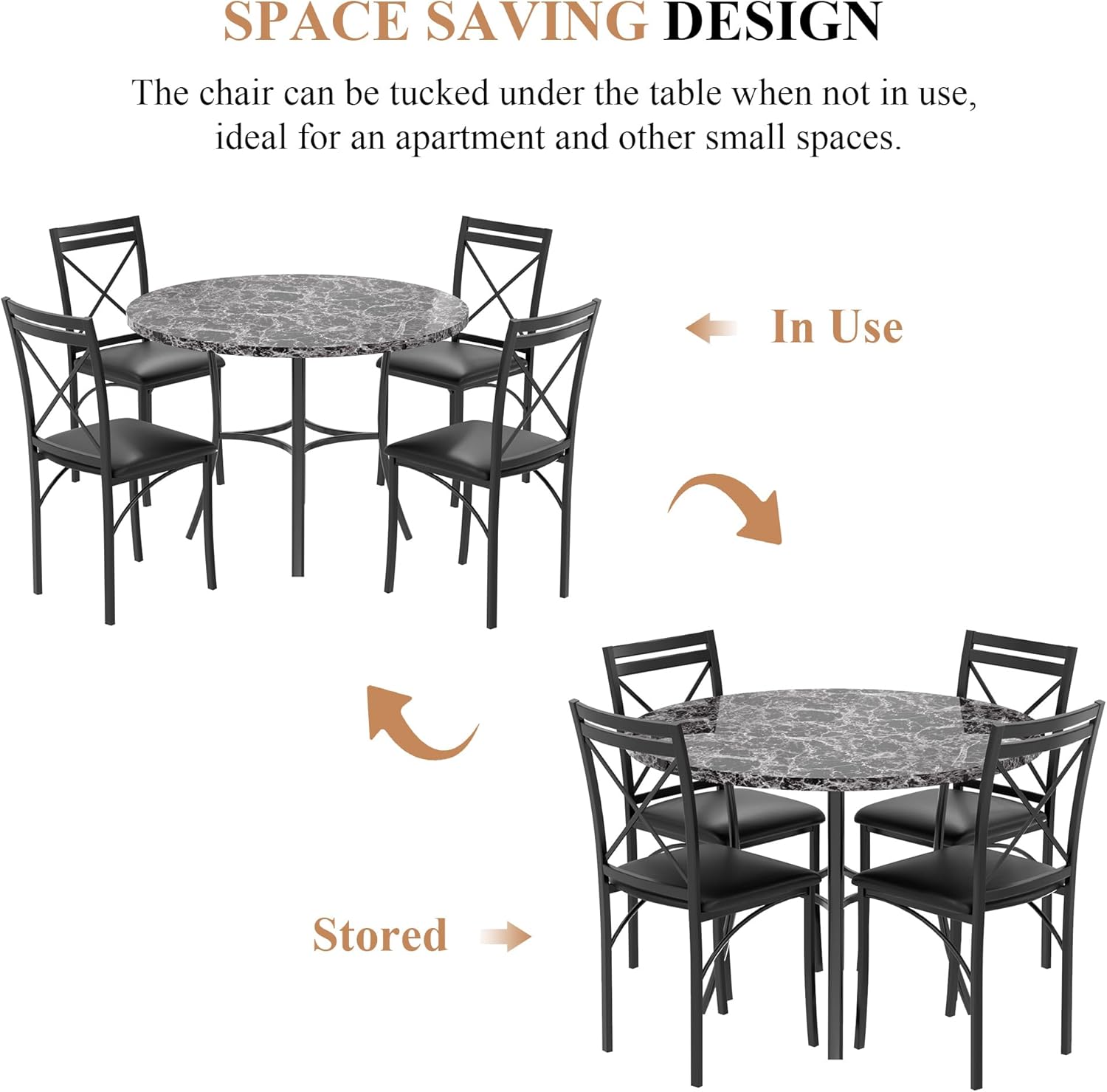 VECELO 5 Piece Dining Table Set for 4, Faux Marble Dinette with Chairs for Kitchen, Breakfast Nook, Small Space, Pure Black