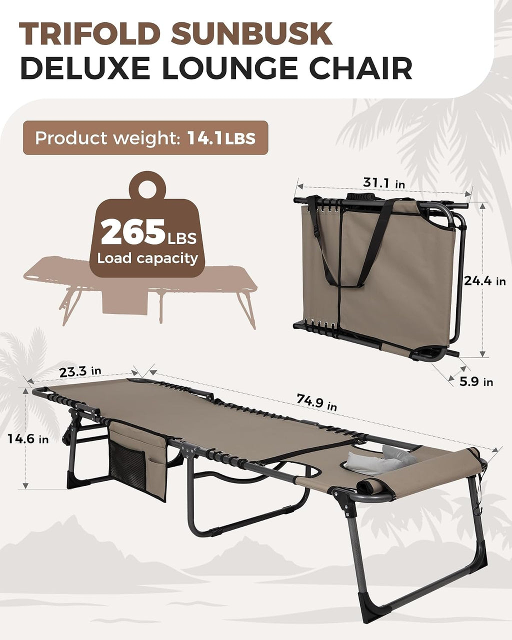 KingCamp Folding Chaise Lounge Chair,Heavy Duty Adjustable 5-Position Outdoor Tanning Sunbathing Lay Flat Chair for Beach, Camping, Lawn & Patio with Pillow, Beige
