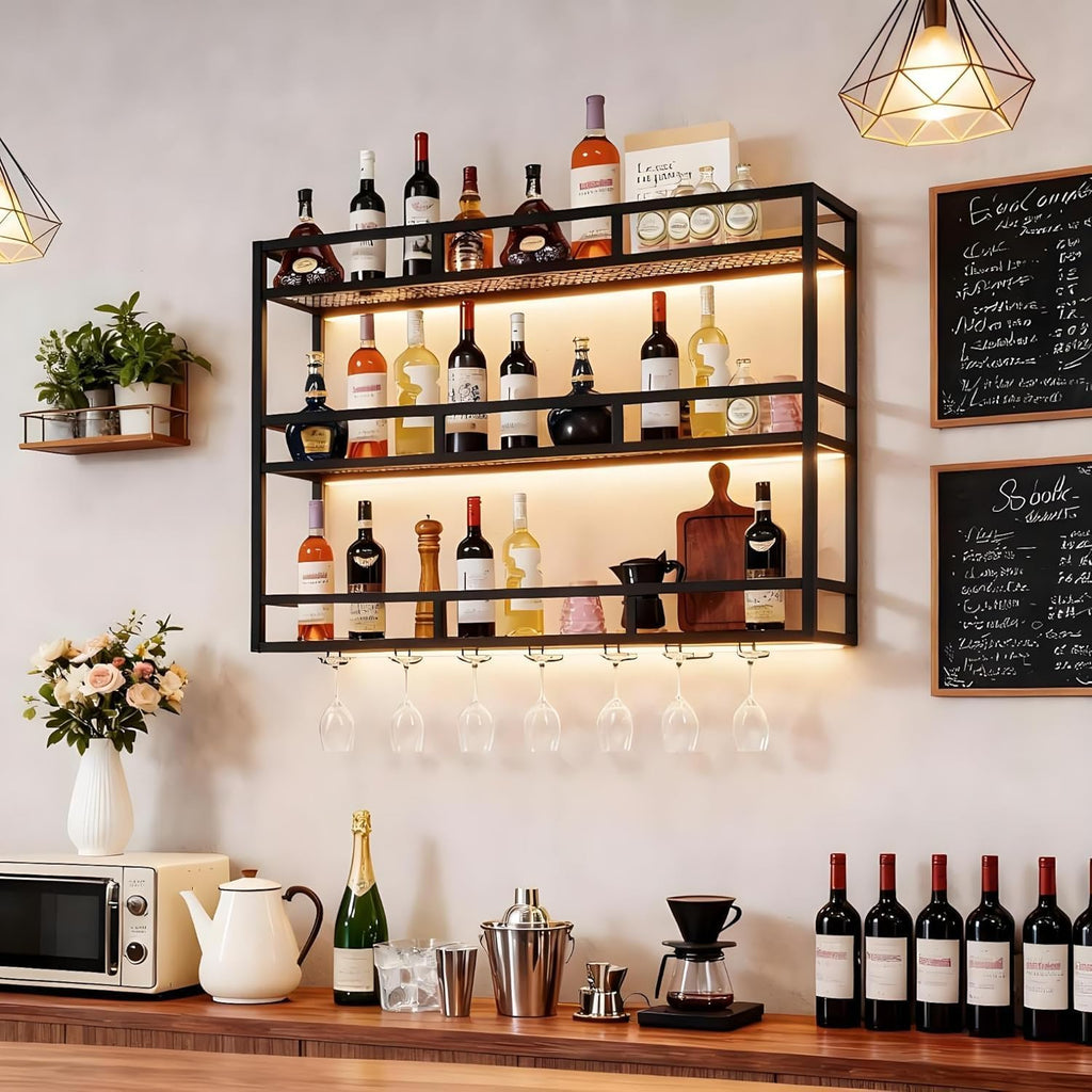 39" Wall Mounted Wine Rack with Bottle Glass Holder, 3-Tiers Metal Bar Shelves for Liquor Bottles with LED Light, Wall Wine Rack for Home, Restaurant, Commercial Bar, Kitchen Storage Display