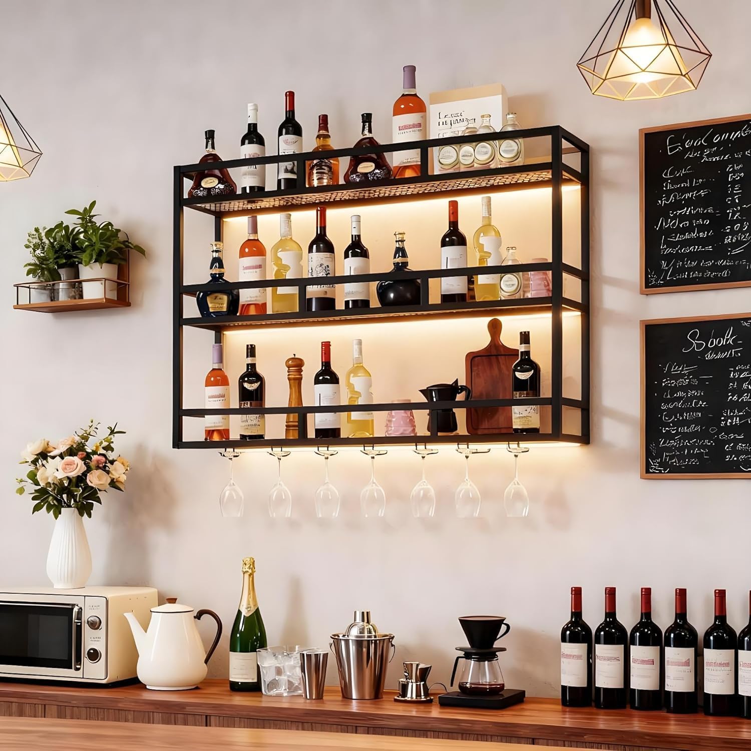 39" Wall Mounted Wine Rack with Bottle Glass Holder, 3-Tiers Metal Bar Shelves for Liquor Bottles with LED Light, Wall Wine Rack for Home, Restaurant, Commercial Bar, Kitchen Storage Display
