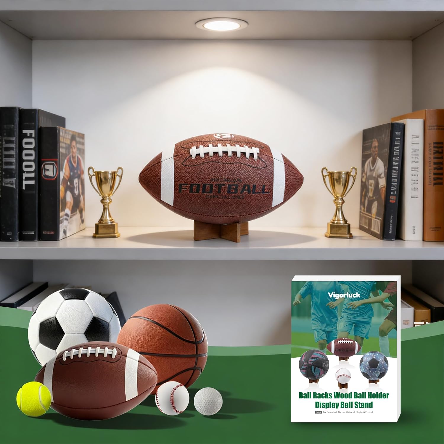 Ball Stand for Display, Basketball Stand, Football Display Stand, Ball Storage Wood Holder for Basketball, Football, Soccer, Rugby, Baseball & Softball