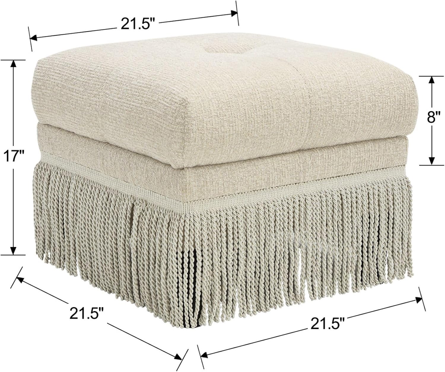 Hyfirm 22 Inch Square Beige Ottoman with Fringe for Living Room, Plush Modern Boho Upholstered Accent Pouf Ottomans Foot Rest for Bedroom, Footstool Ottoman End of Bed
