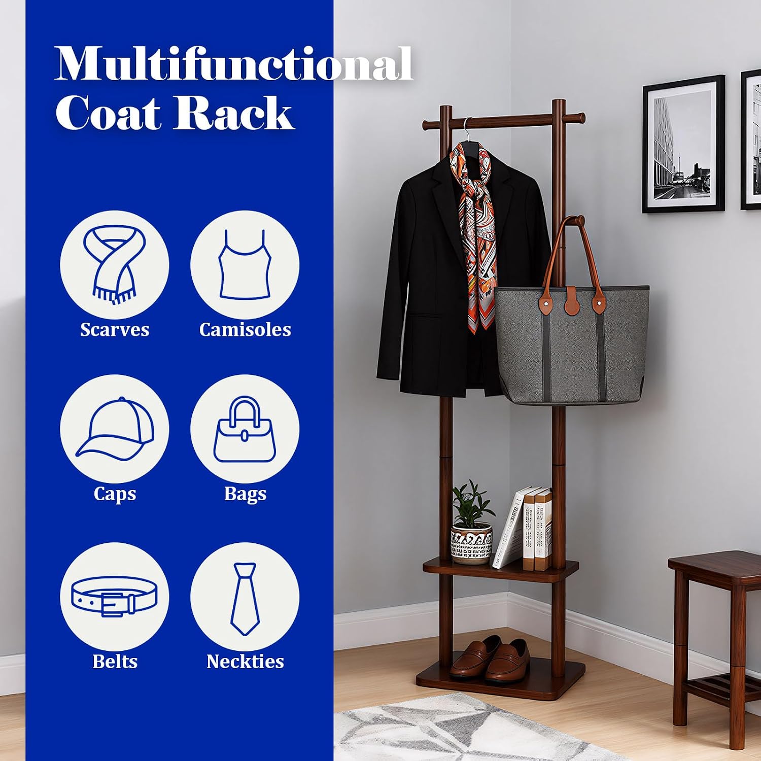 Coat Rack,Wooden Coat Rack Freestanding,Standing Coat Racks Tree Clothes Hanger Stand with Stury Base for Entryway, Livingroom, Bedroom,Easy to Assemble(Brown)