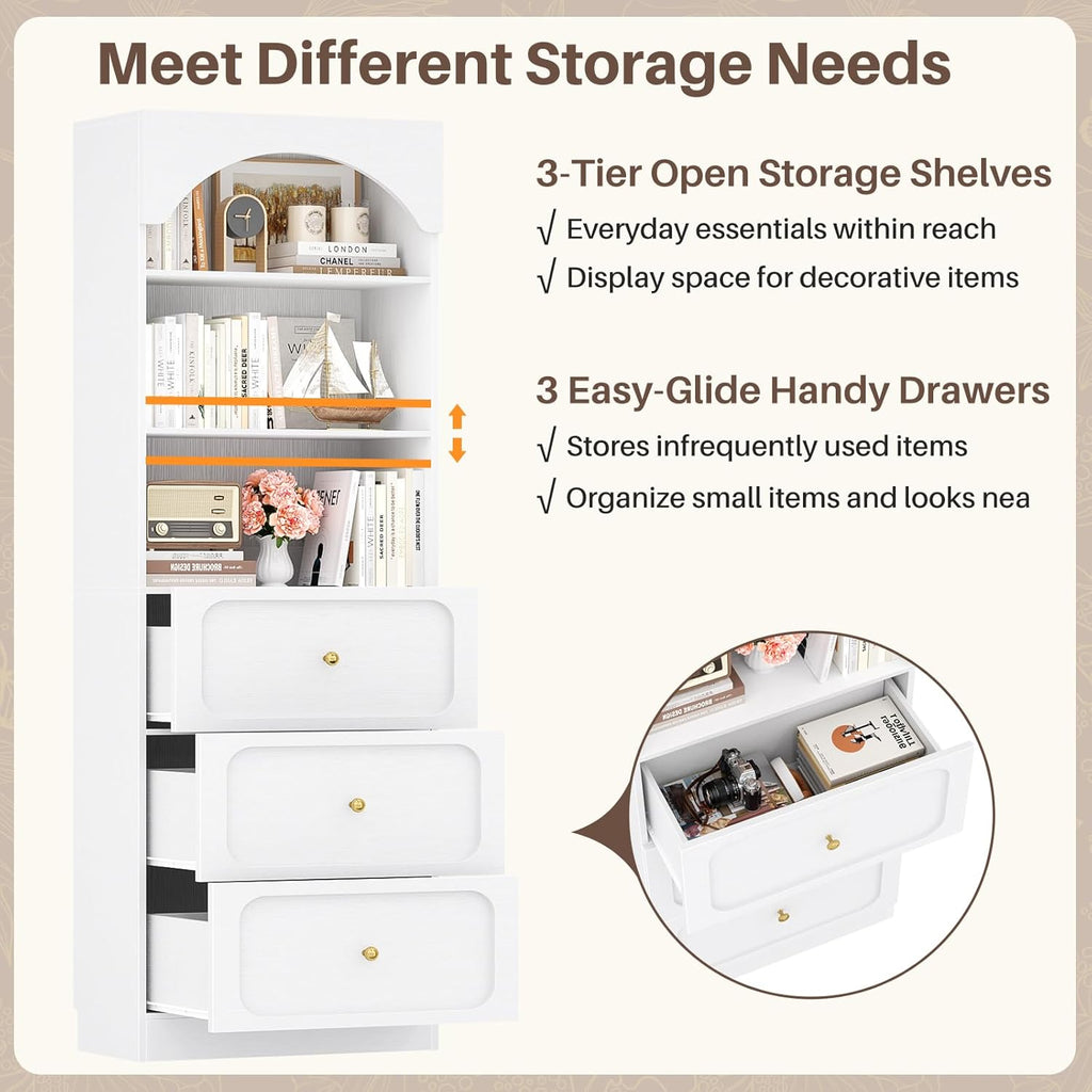 Cyclysio 80" Tall Pantry with 6 Drawers, Arched Kitchen Storage Cabinets with 6-Tier Open Shelves and 4 Tempered Glass Doors, Wood Floor Cupboard with Seamless Fit Wall for Living Room