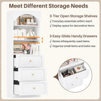 Cyclysio 80" Tall Pantry with 6 Drawers, Arched Kitchen Storage Cabinets with 6-Tier Open Shelves and 4 Tempered Glass Doors, Wood Floor Cupboard with Seamless Fit Wall for Living Room