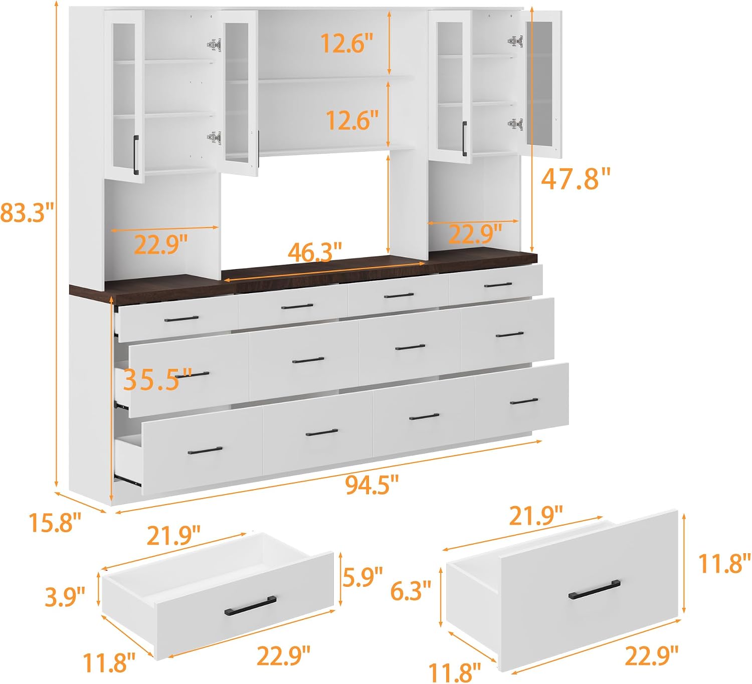ECACAD 94.5" W Kitchen Pantry with Countertop, 12 Drawers & 4 Glass Doors, Modern Wooden Cupboard Storage Cabinet with 6 Hidden Shelves & 4 Open Shelves for Dining Room, White