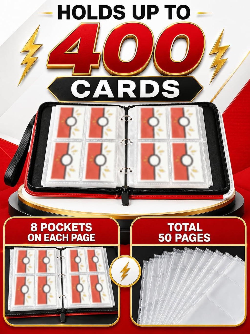 Collectible Trading Card Binder, 400 Pockets Card Holder with 50 Removable Sleeves, Portable Collection Binder Album Book Case Storage, Zipper Card Protective Sleeves for TCG, Sports Card