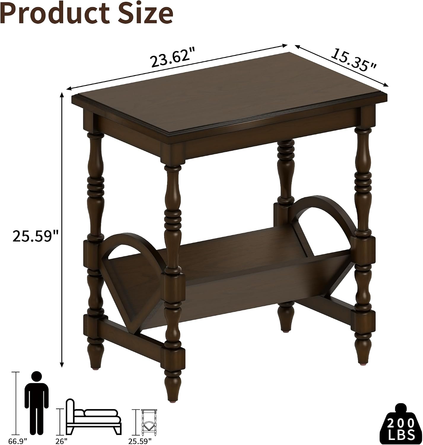 LKTART Wood End Table, Vintage Sofa Side Table with Magazine Rack and Rubberwood Legs, Bedside Table with Birch Wood Veneer Finish for Living Room Bedroom Small Space Home Office, Dark Brown