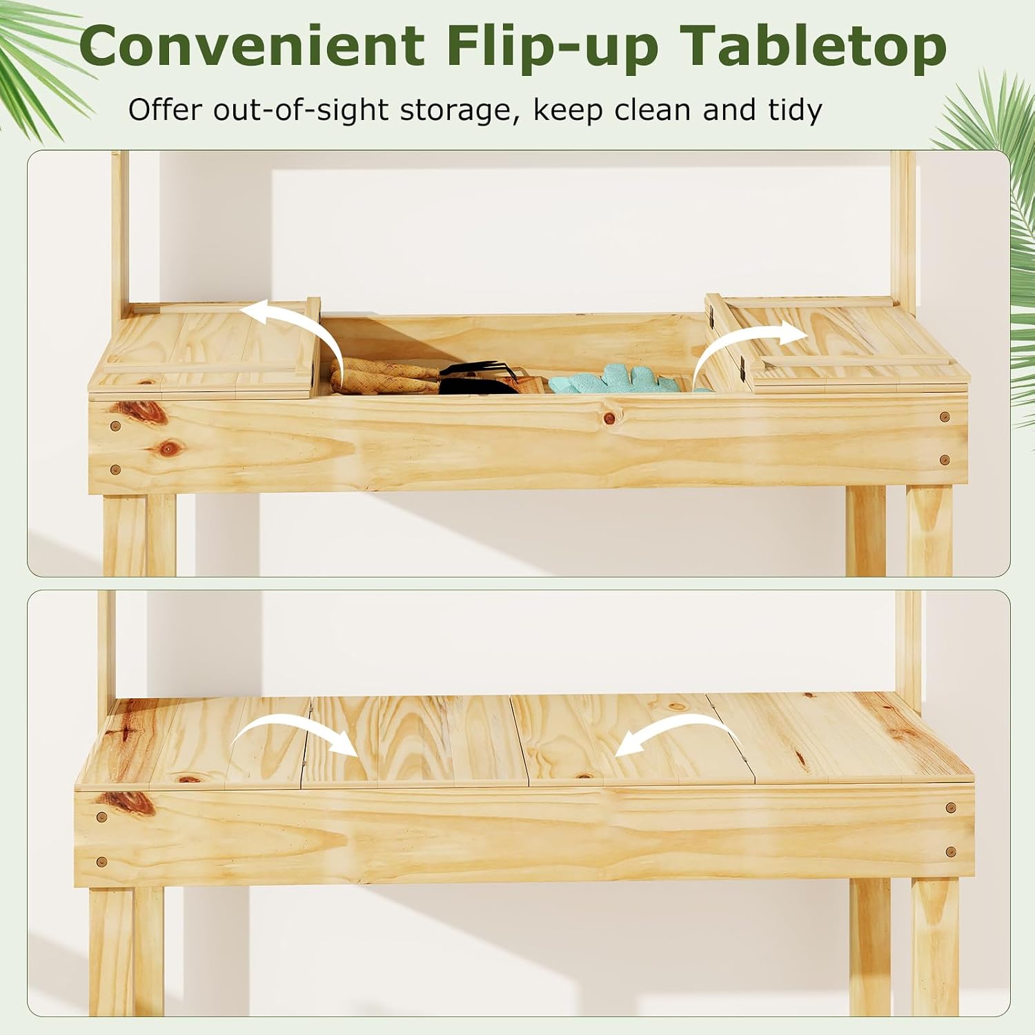 HAPPYGRILL Potting Bench Table, 60” Wood Garden Work Bench Workstation with Storage, Flip-Up Tabletop, Shelves & Hanging Hooks, Outdoor Garden Table for Patio, Lawn & Porch