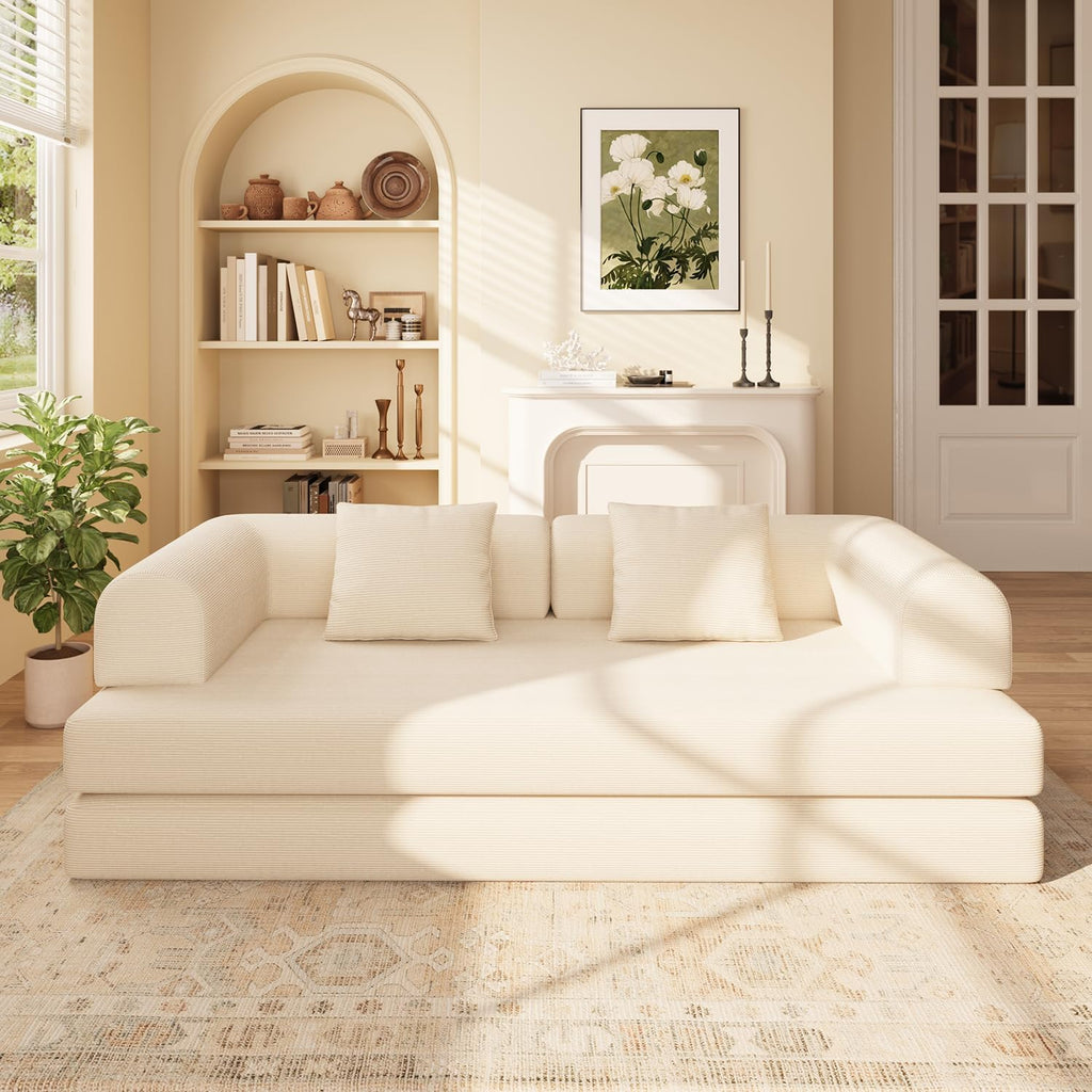 Ahomly 78.8'' Convertible Sofa Bed,5-in-1 Boneless Couch with Removable Armrests,Folding Futon Sofa Bed Includes 2 Pillows,Comfy Pull Out Couch for Living Room,No Assembly Required,Cream