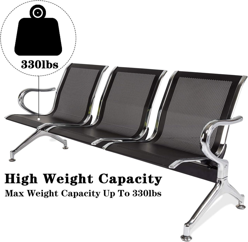 3-Seat Waiting Room Chairs - Waiting Room Bench with Arms Airport Reception Bench Guest Reception Chairs Lobby Bench Waiting Area for Airport Market Bank Hospital School Barbersho, Black