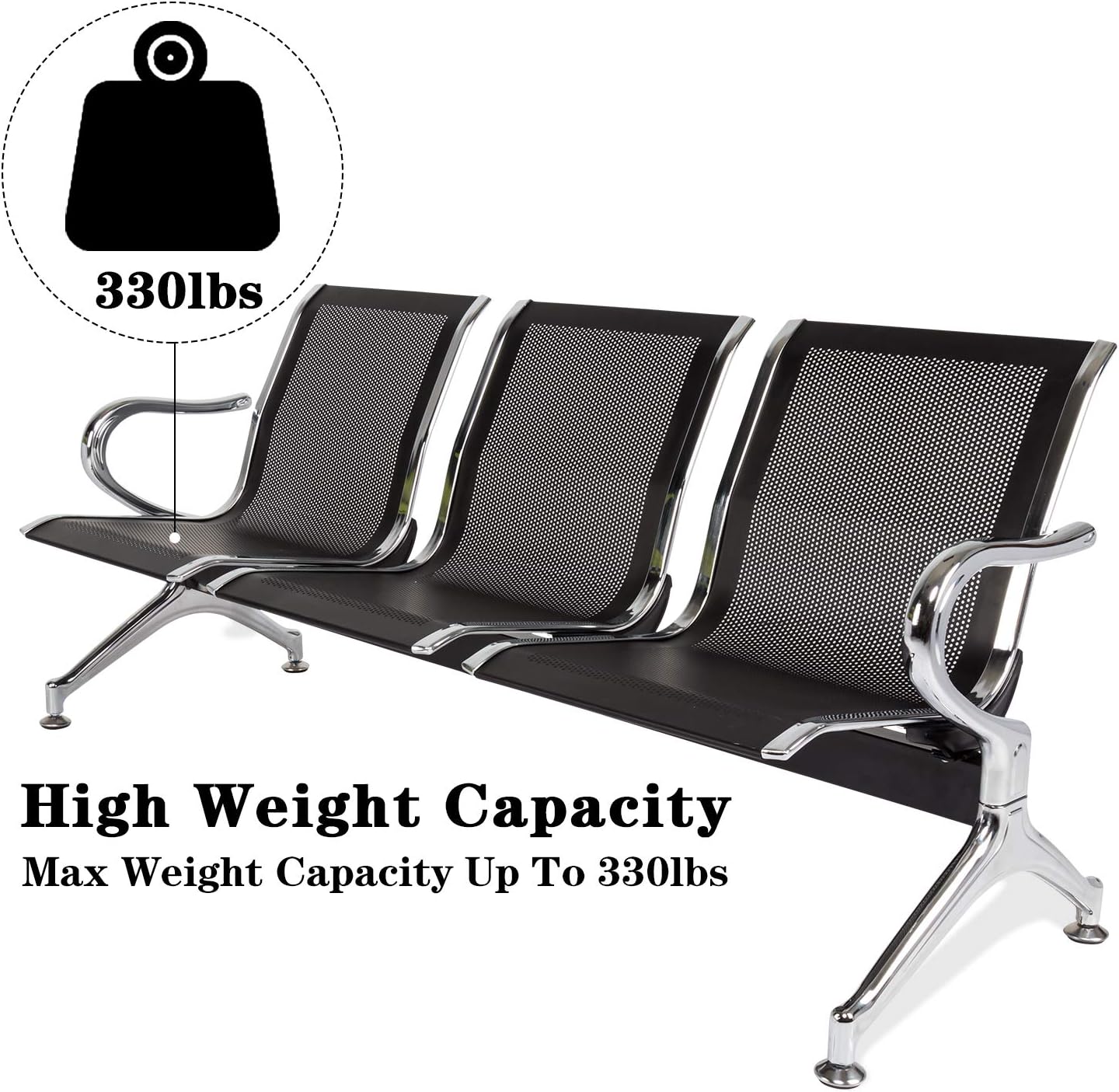 3-Seat Waiting Room Chairs - Waiting Room Bench with Arms Airport Reception Bench Guest Reception Chairs Lobby Bench Waiting Area for Airport Market Bank Hospital School Barbersho, Black