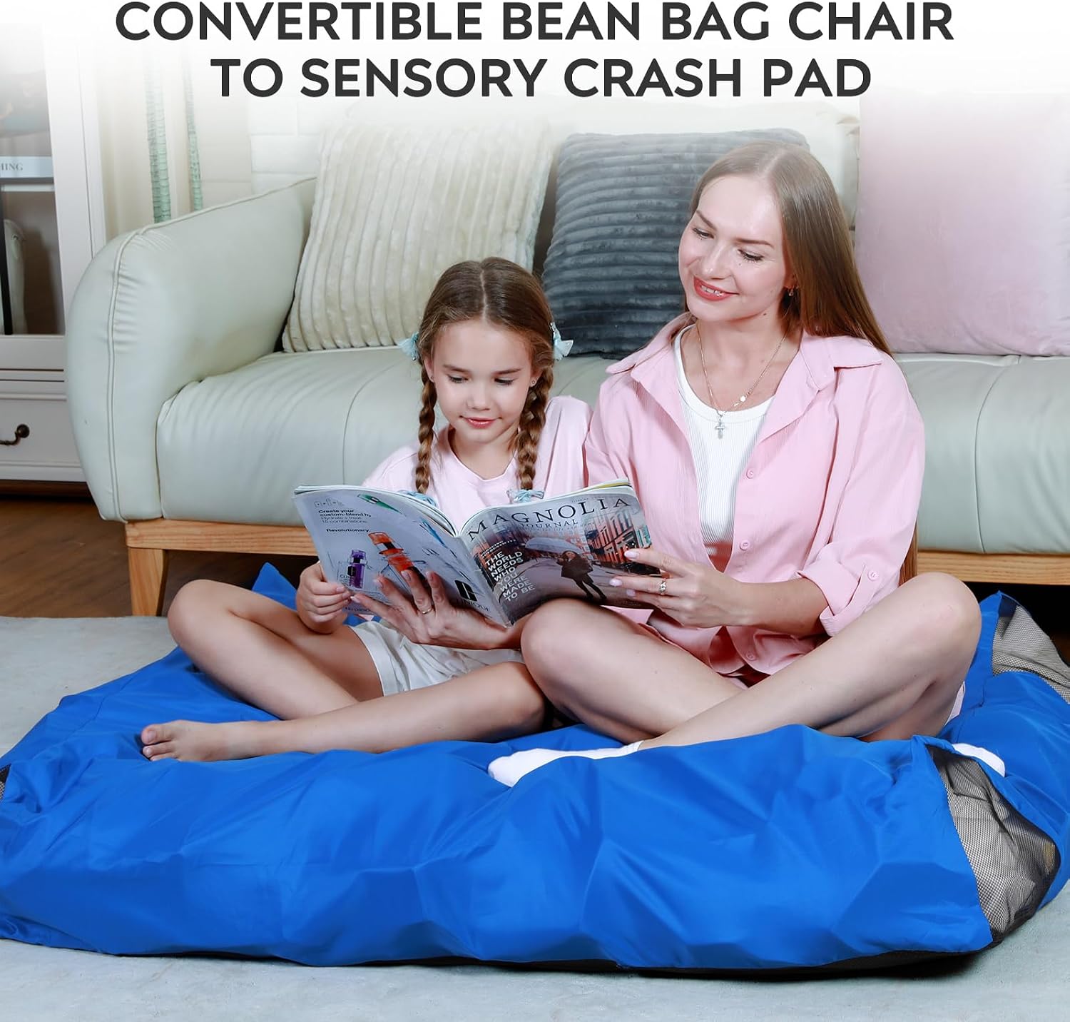 Bean Bag Chair Sensory Crash Pad, Convertible Foam Lazy Sofa Bed for Kids | Supportive memory blocks | Machine washable velour cover | Non-slip base breathable mesh panels | Sturdy carry handle pocket