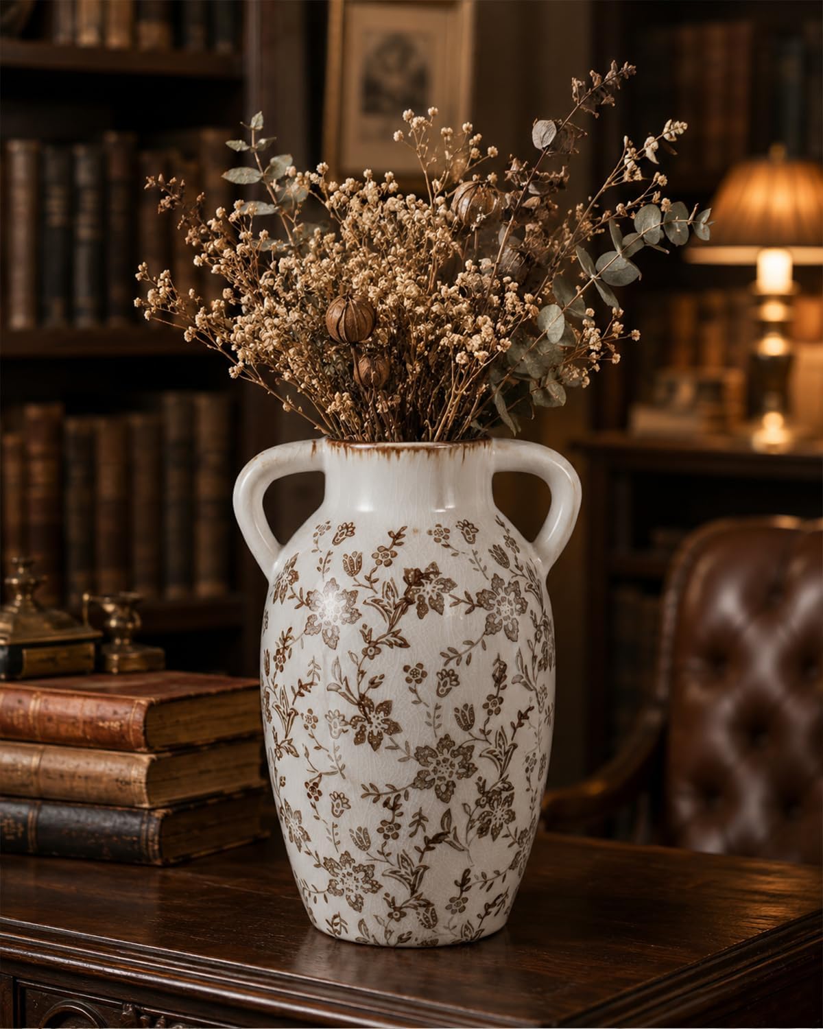 Vintage Brown Floral Vase with Handles, 9.45 Inch Ceramic Boho Decor | Crackle glaze finish for farmhouse table centerpieces and chinoiserie home styling
