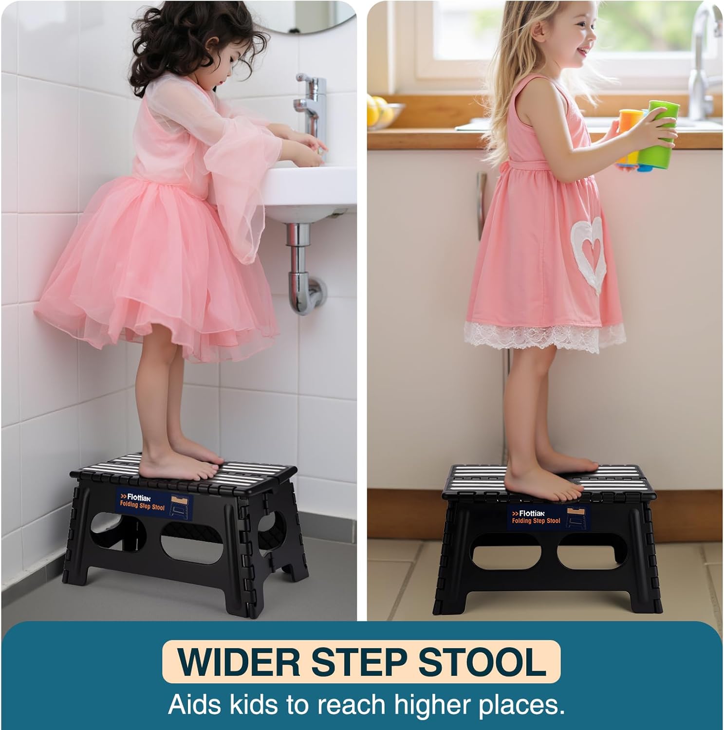 Flottian 9" Folding Step Stool for Adults and Kids 15-Inch Extra Wide Stool Holds Up to 300 lbs,Non-Slip Folding Stools with Handle,Compact Plastic Foldable Step Stool for Bathroom,Kitchen,ect,Black