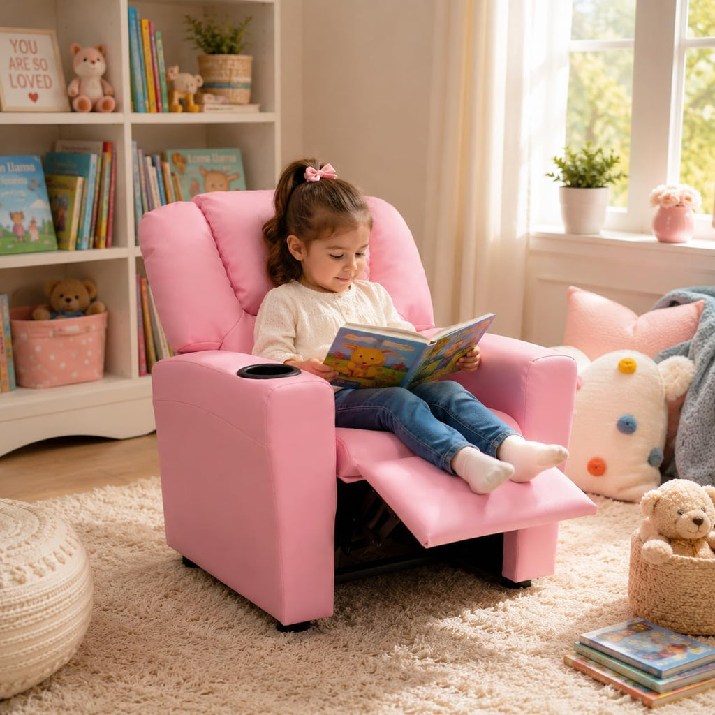 Naomi Home Suri Kids Recliner Chair: 150 Lbs Capacity & Solid Hardwood Frame for Ultimate Durability. Built to Grow Toddler & Children Sofa with Cup Holder, Footrest & 3 Recline Positions - Pink