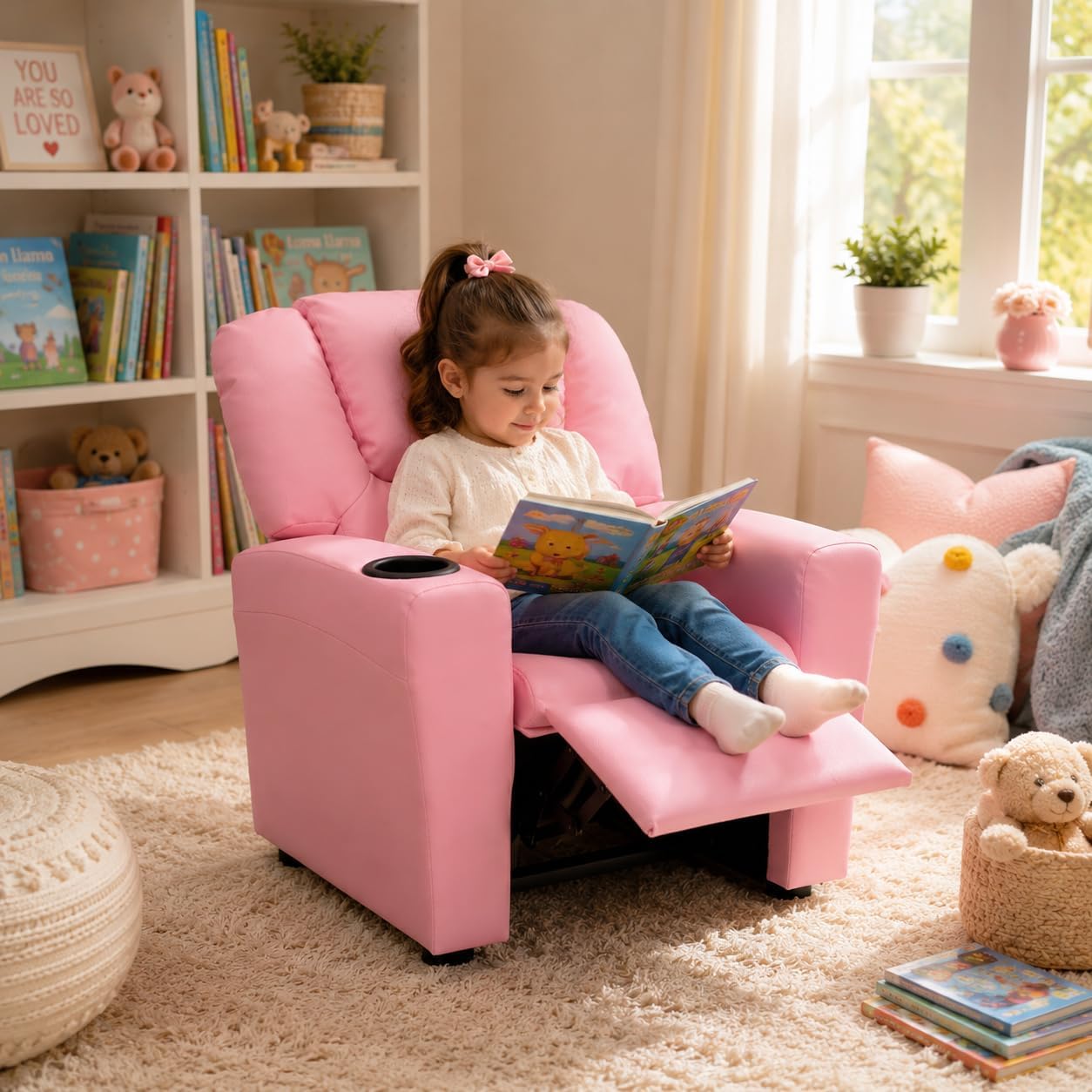 Naomi Home Suri Kids Recliner Chair: 150 Lbs Capacity & Solid Hardwood Frame for Ultimate Durability. Built to Grow Toddler & Children Sofa with Cup Holder, Footrest & 3 Recline Positions - Pink
