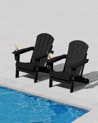 Garvee Folding Adirondack Chair Set of 4, HDPE Outdoor Patio Chair with Cup Holder, All Weather Resistent Wooden Textured for patios, Decks, Gardens, fire Pit, Black