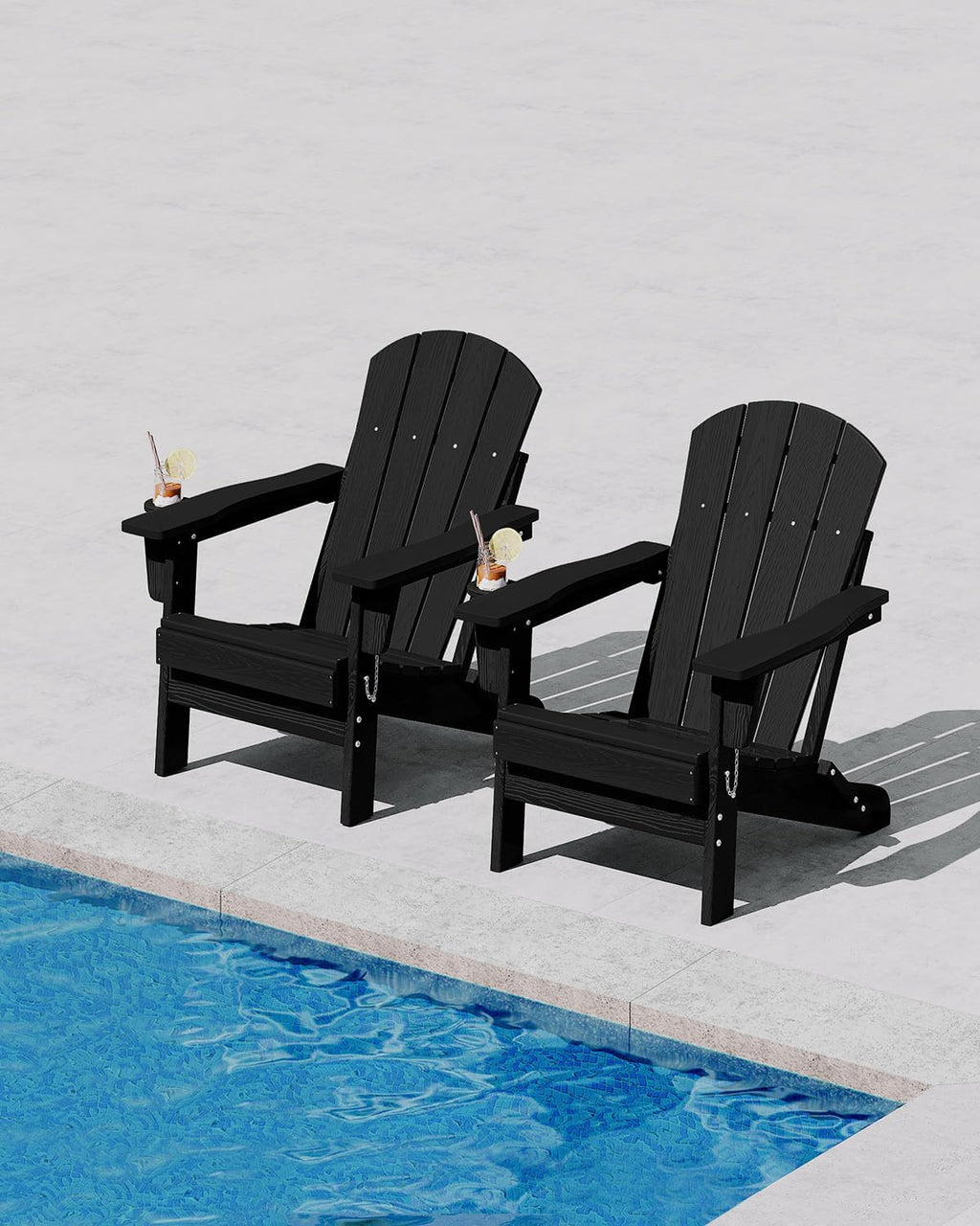 Garvee Folding Adirondack Chair Set of 2, HDPE Outdoor Patio Chair with Cup Holder, All Weather Resistent Wooden Textured for patios, Decks, Gardens, fire Pit, Black