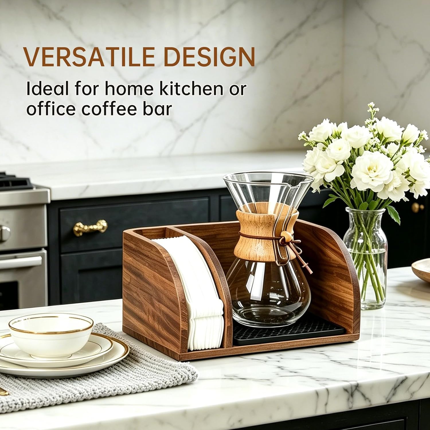 Acacia Wood Coffee Bar Station Organizer Stand, Wooden Pour Over Maker Caddy Storage Organizers, Coffee Filter Holder for Countertop with Heatproof Mat (9.4*7*5.1 inch) Glass Coffee Maker not included