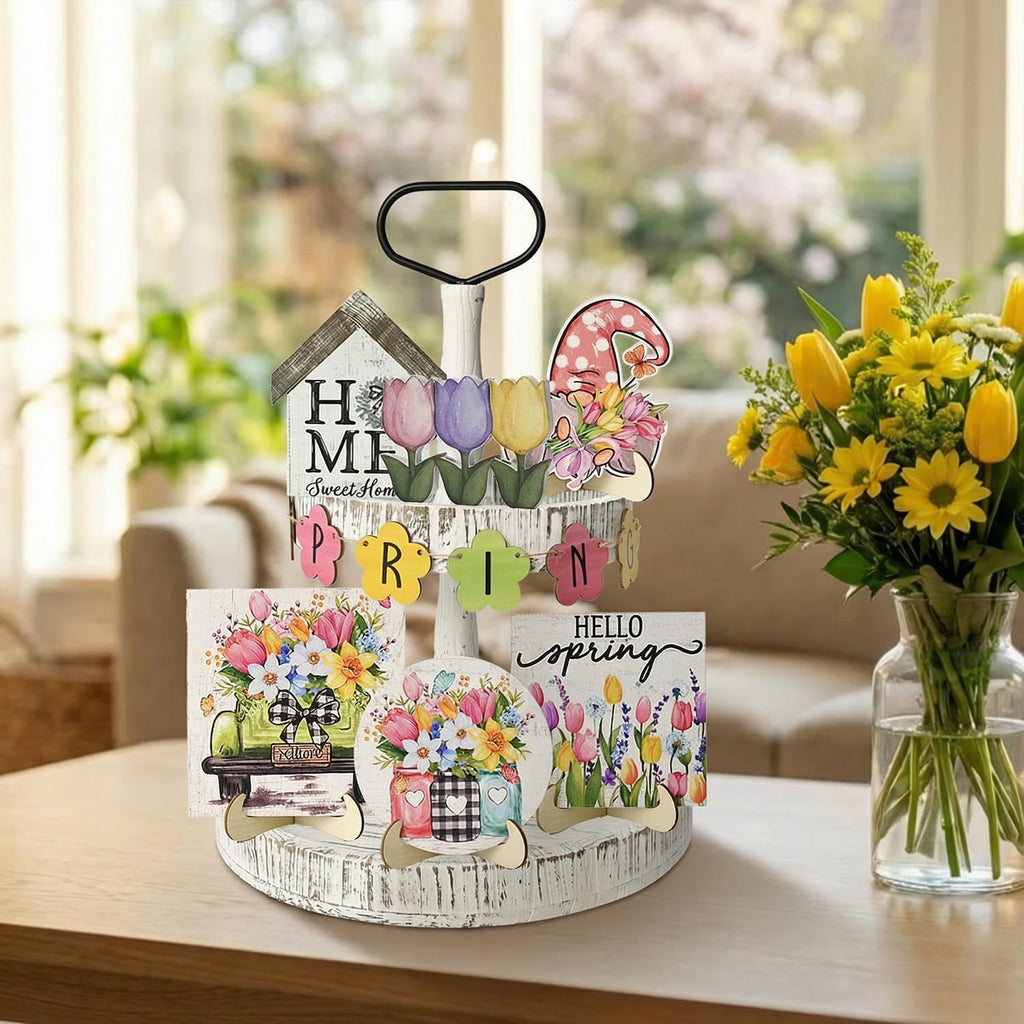 Smile Spring Wooden Decor Flower Floral Farmhouse Table Tray Home Kitchen, Spring Indoor Decoration