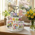 Smile Spring Wooden Decor Flower Floral Farmhouse Table Tray Home Kitchen, Spring Indoor Decoration