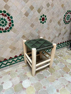Moroccan Handwoven Stool, Rustic Wooden Footstool with Green Geometric Woven Seat, Small Portable Ottoman for Living Room Bedroom, Bohemian Farmhouse Accent Chair