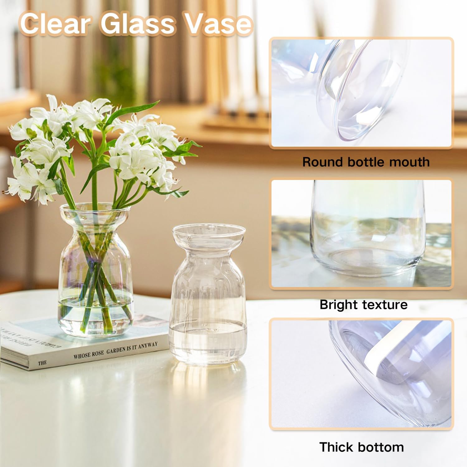 Gute Glass Vases for Decor, Modern Decorative Flower Vase Centerpieces Table Home Indoor Desk Decor Living Room, Kitchen, Office Wedding or Housewarming Gifts (Clear)